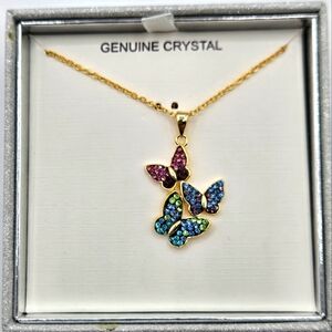 NEW Genuine Crystal Butterfly Pendant Gold Plated Chain Purple Blue Green